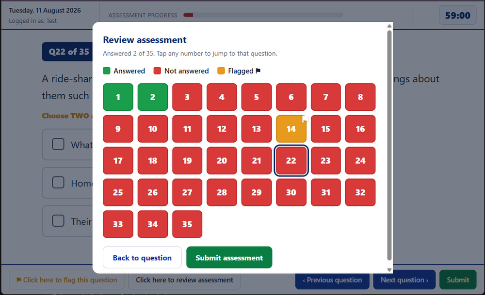 The review screen showing answered, unanswered and flagged questions